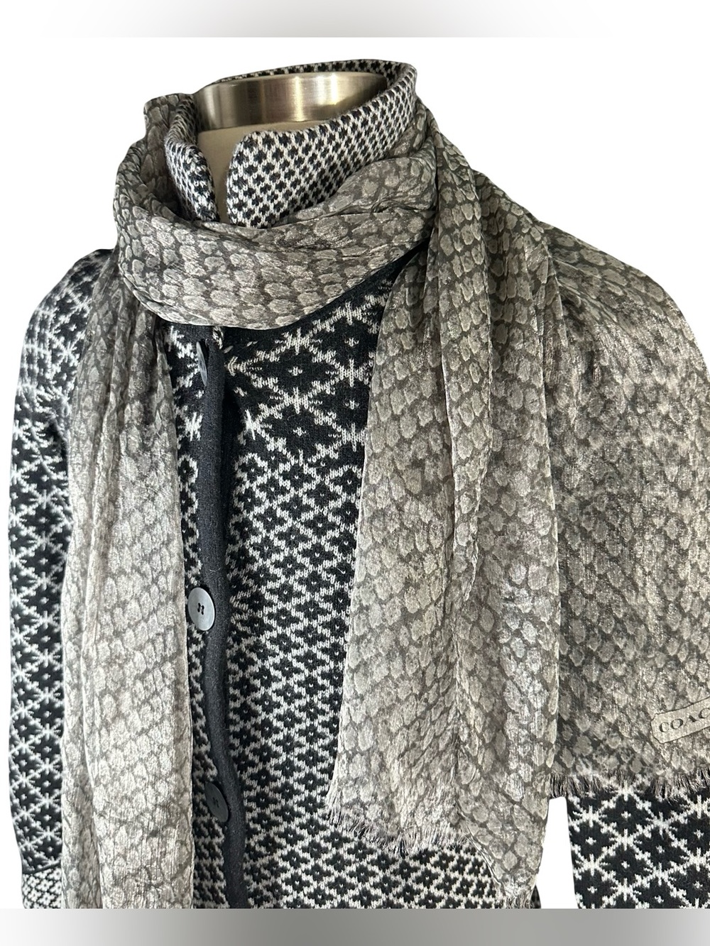 Coach Metallic Python Print Scarf Grey Black Sheer Chiffon Oblong Wrap Logo 40